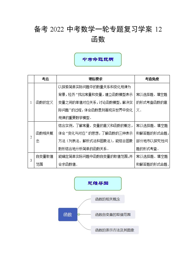 备考2022中考数学一轮专题复习学案12 函数第1页