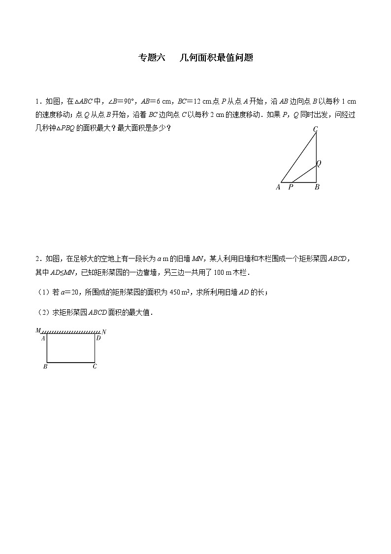 专题六   几何面积最值问题-2022年中考数学二轮复习之重难热点提分专题（原卷版）第1页