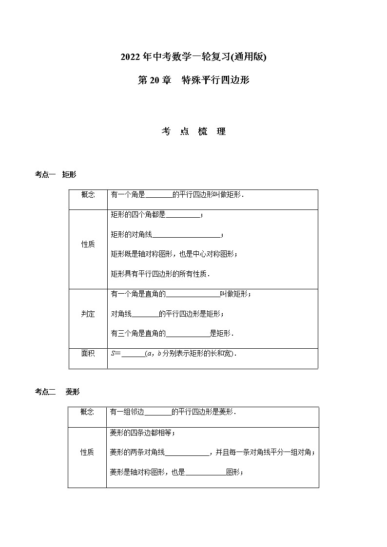 第20章  特殊平行四边形-2021年中考数学一轮复习（考点梳理＋重难点讲解＋过关演练）（通用版）（含答案）第1页