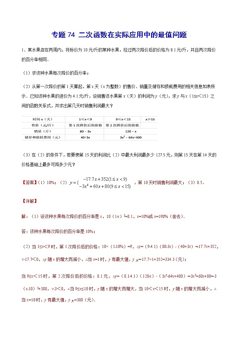 专题74 二次函数在实际应用中的最值问题-2022年中考数学重难点专项突破（全国通用）01