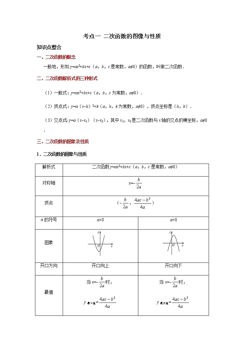 考点01 二次函数的图象与性质-2022年中考数学一轮复习基础夯实（安徽专用） 试卷01