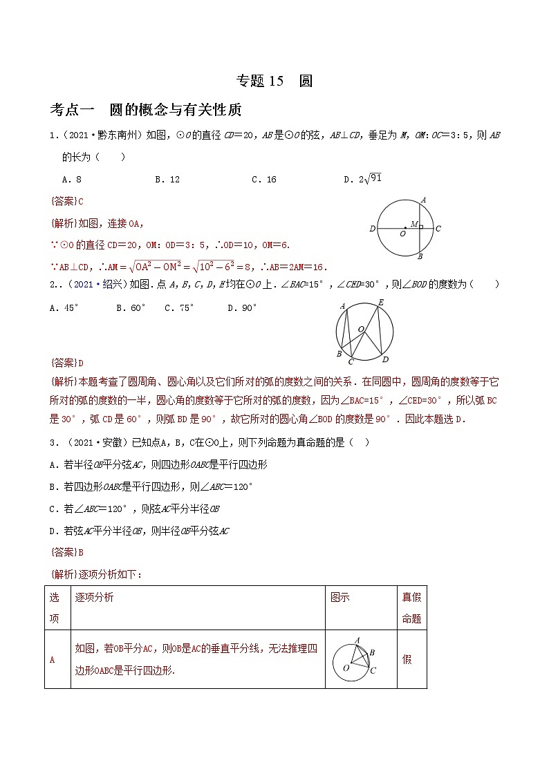 专题15 圆-2022年中考数学真题分类集训营（全国通用）01