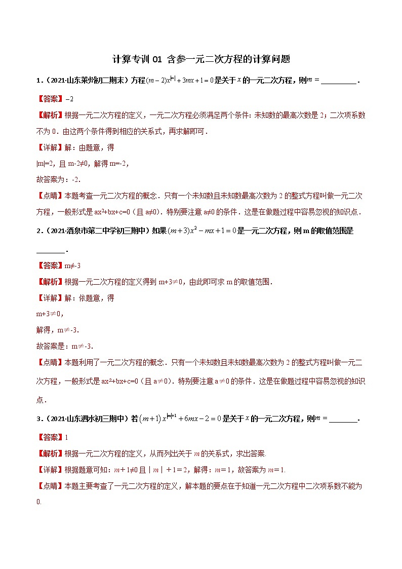 专训01 含参一元二次方程的计算问题（解析版）第1页