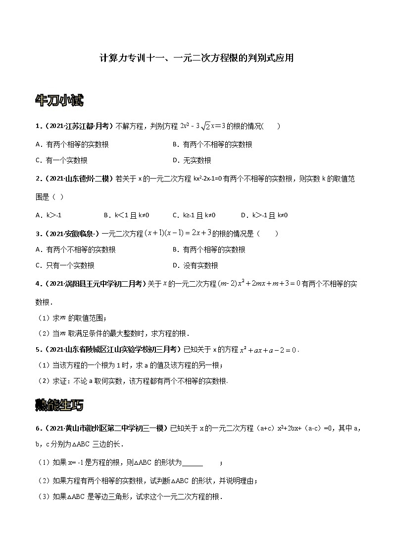 专训11 一元二次方程根的判别式应用（原卷版）第1页