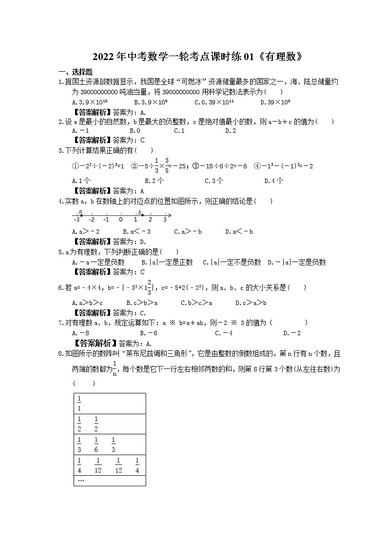 2022年中考数学一轮考点课时练01《有理数》(教师版) 第1页