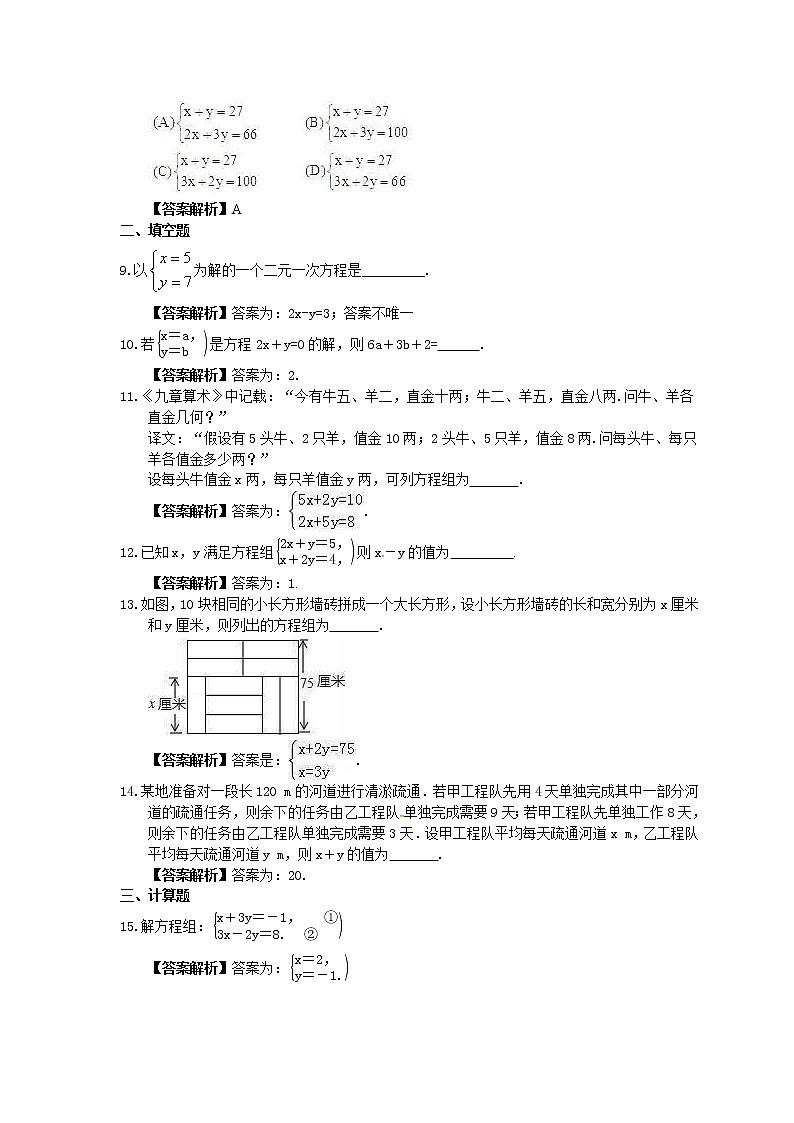 2022年中考数学一轮考点课时练07《二元一次方程组》(教师版) 第2页