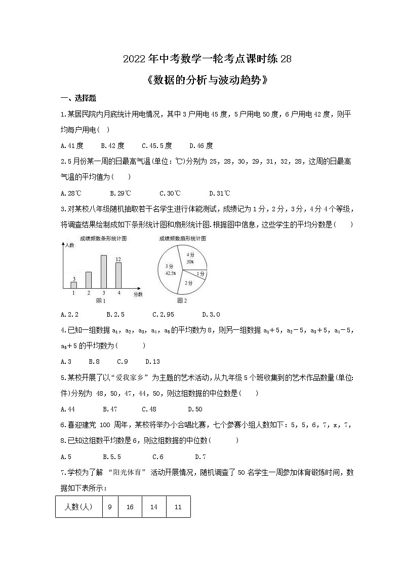 2022年中考数学一轮考点课时练28《数据的分析与波动趋势》(原卷版) 第1页