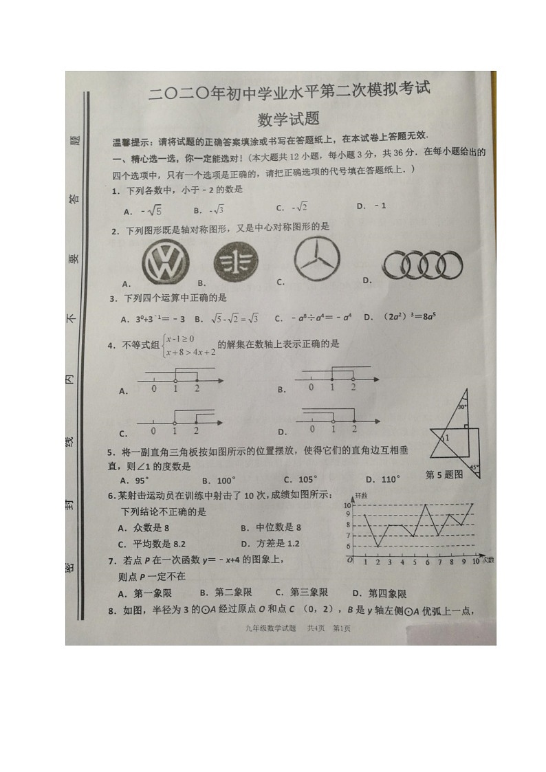 山东省枣庄市中区2020届九年级中考二模数学试题（图片版）及答案第1页