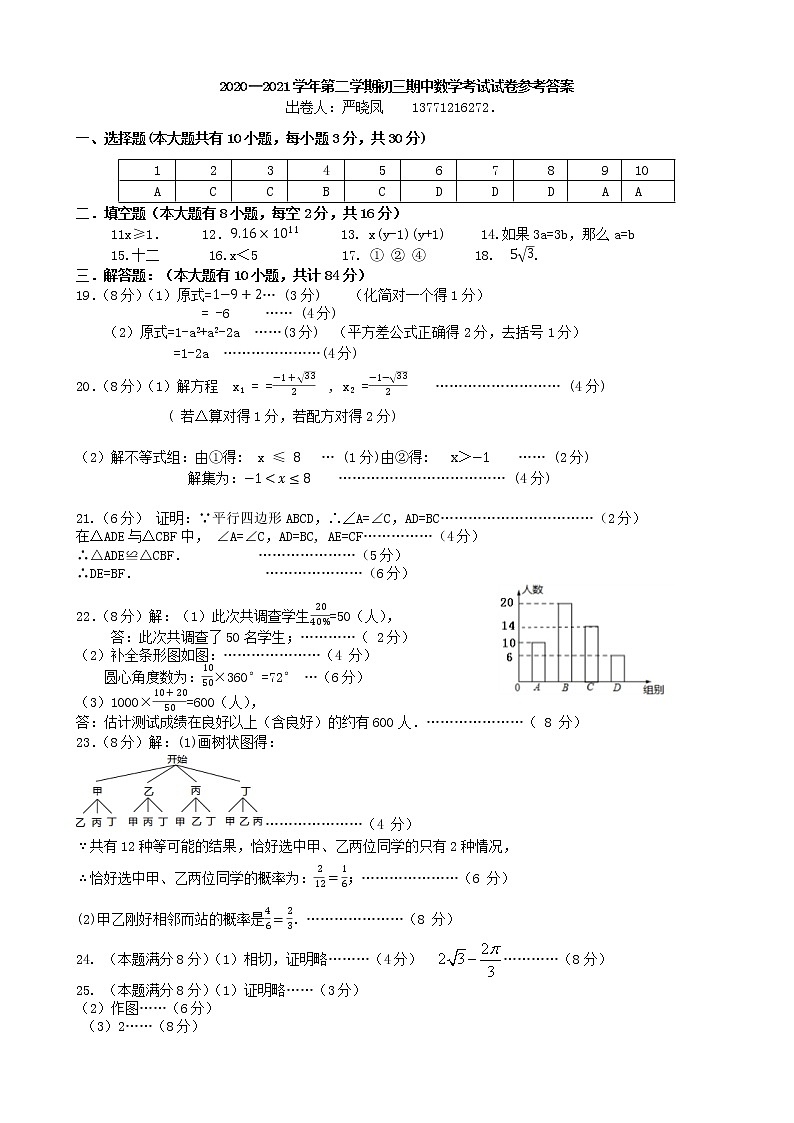 江阴市青阳片2020-2021学年第二学期初三数学期中试卷（含答案）01