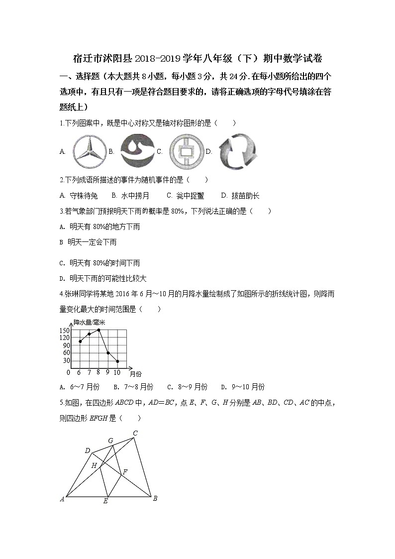 宿迁市沭阳县2018-2019学年八年级第二学期期中数学试卷（含答案）第1页