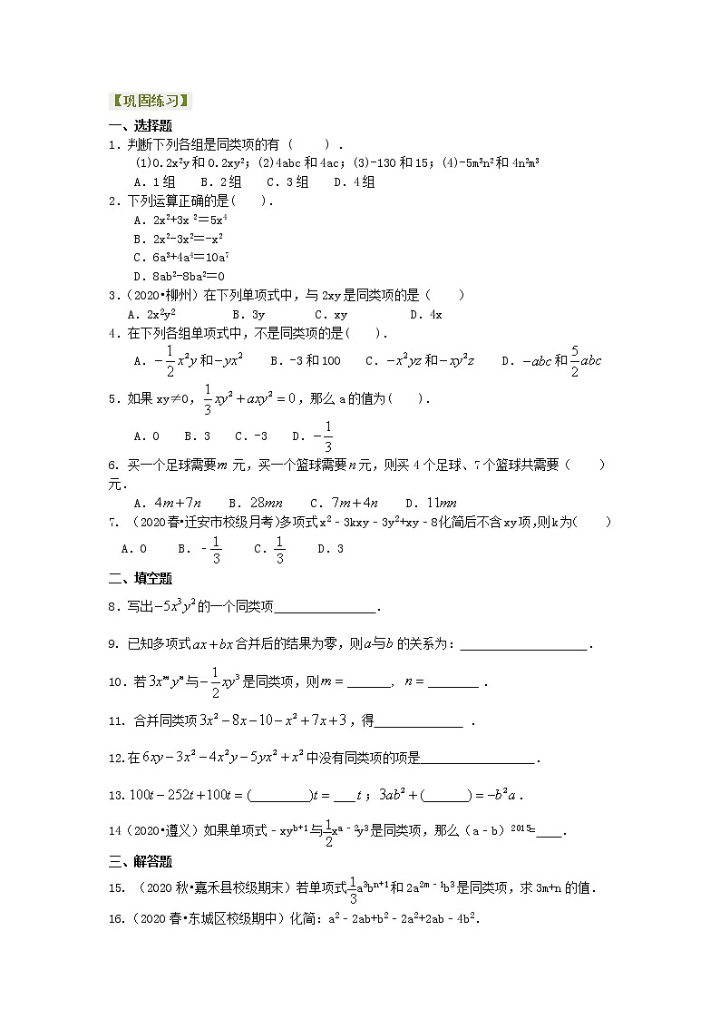 第17讲 整式的加减(一)——合并同类项(基础)学案01