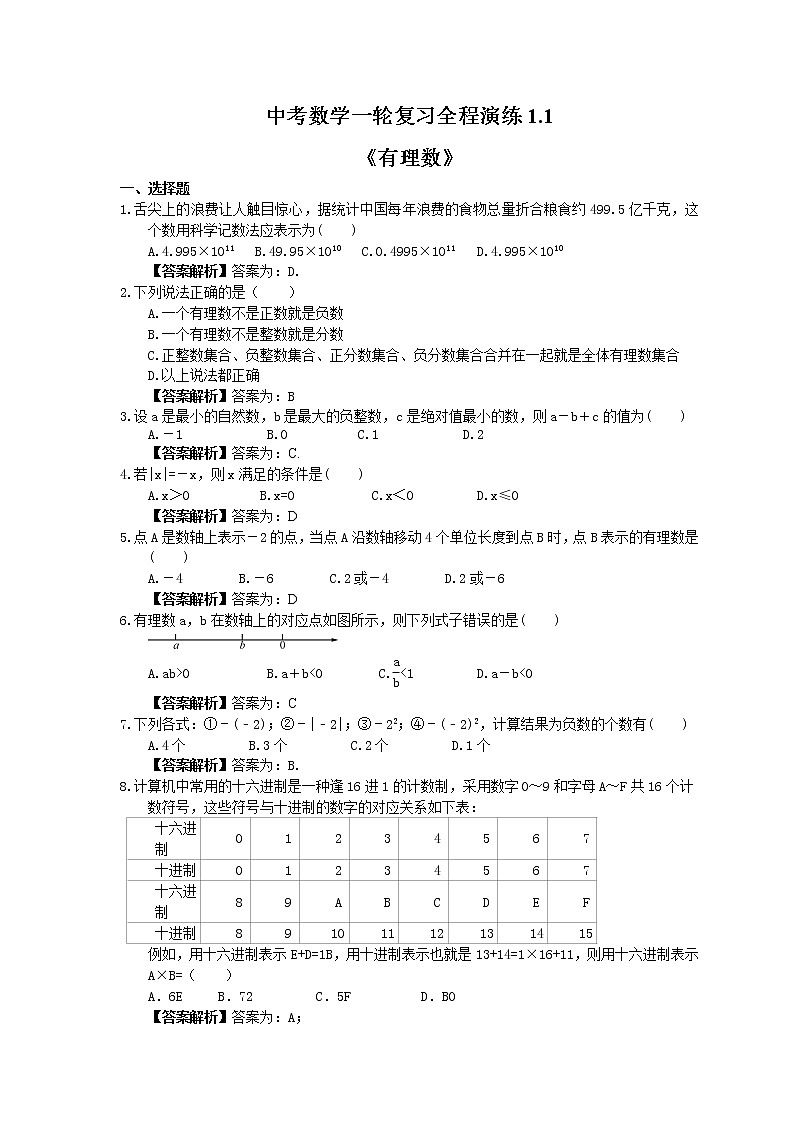 中考数学一轮复习全程演练1.1《有理数》(教师版) 第1页