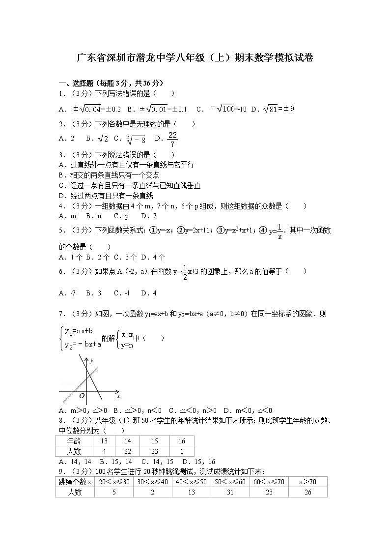 广东省深圳市潜龙中学八年级（上）期末数学模拟试卷01