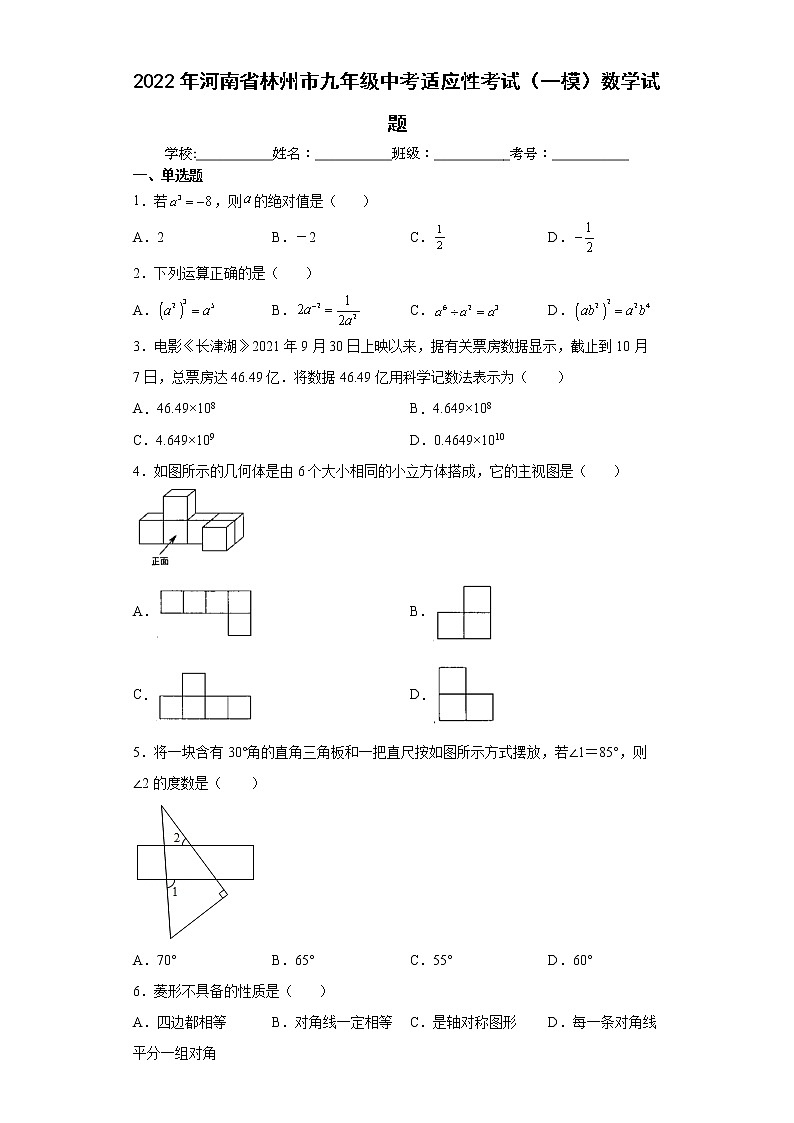 2022年河南省林州市九年级中考适应性考试（一模）数学试题(word版含答案)第1页