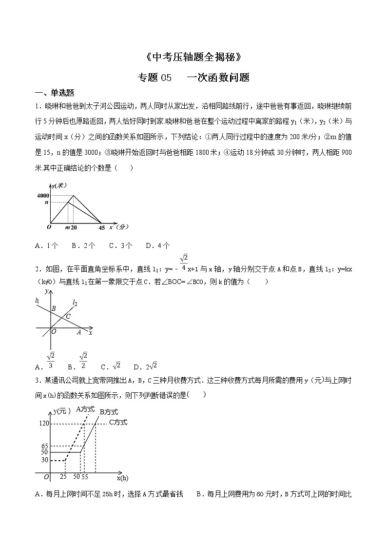 专题05 一次函数问题-决胜2022中考数学压轴题全揭秘精品（原卷版）01