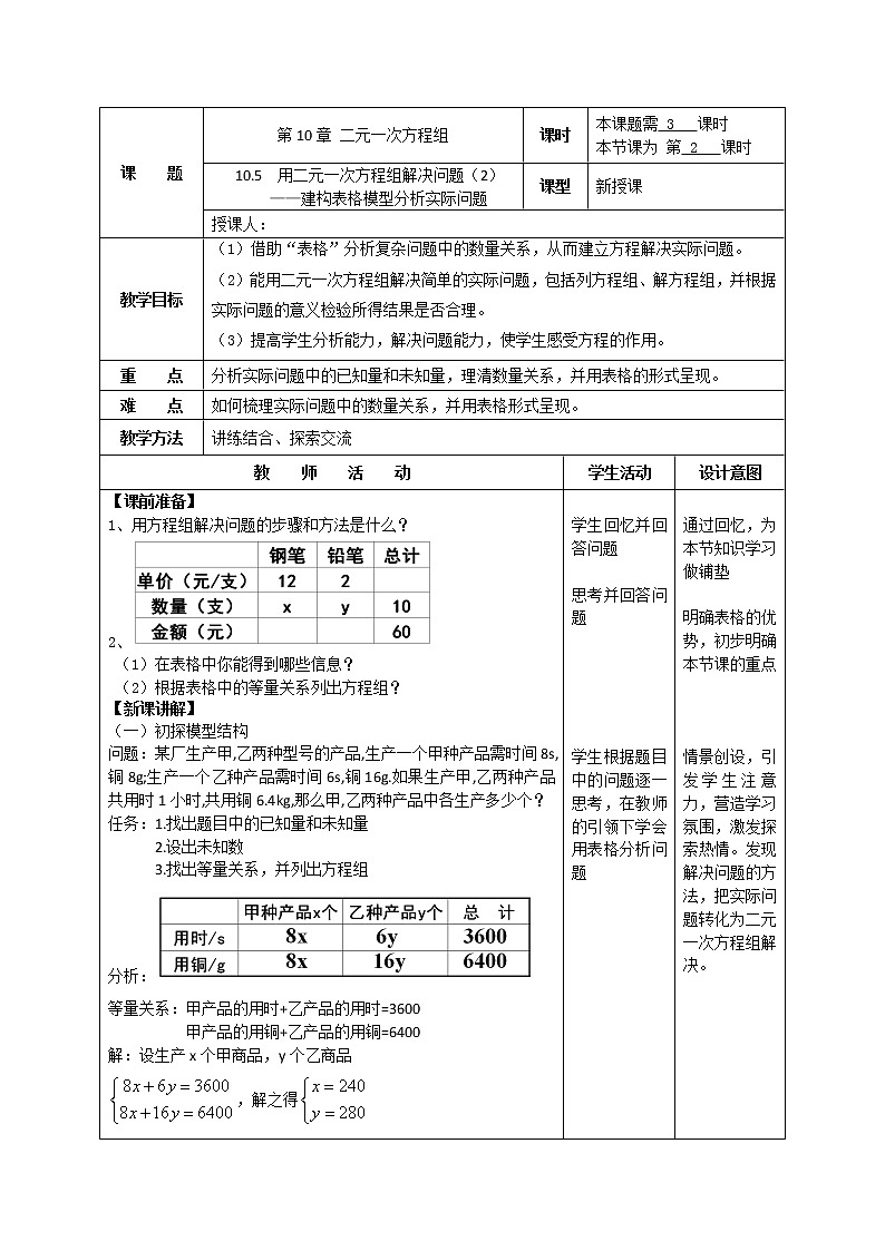 苏科版七年级数学下册 10.5 用二元一次方程组解决问题(6) 教案第1页