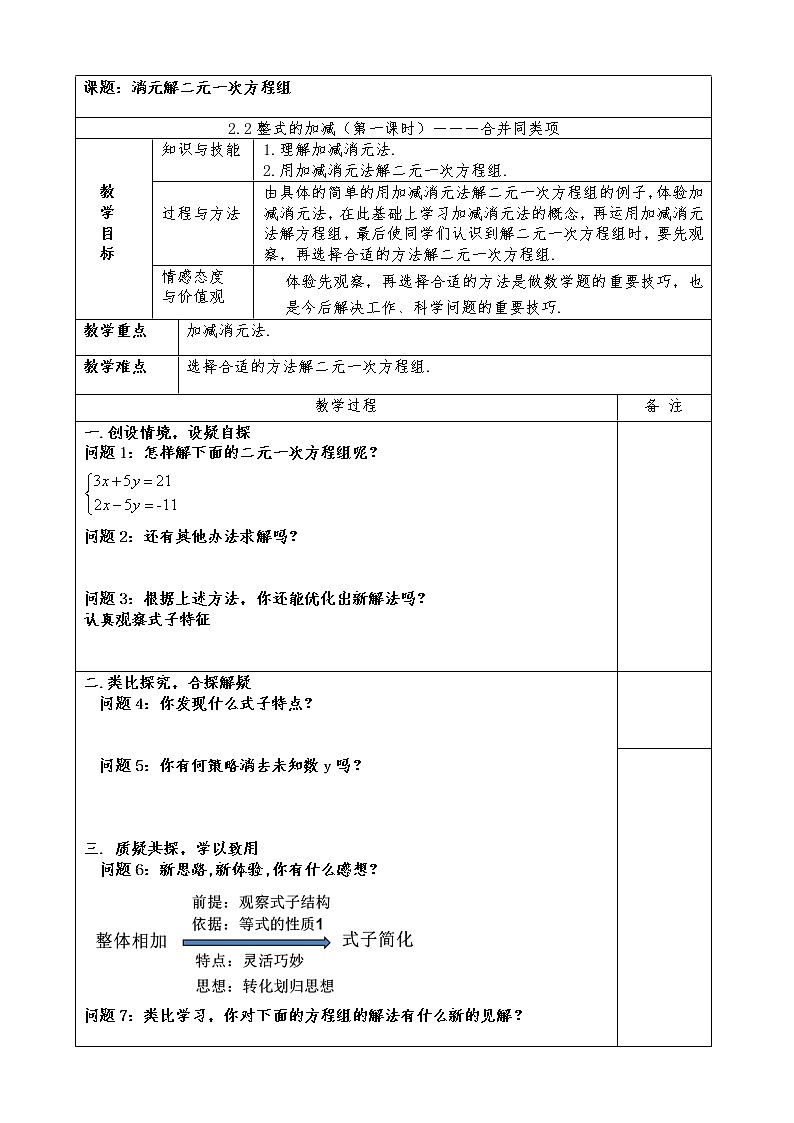 苏科版七年级数学下册 10.3 解二元一次方程组(15) 教案第1页