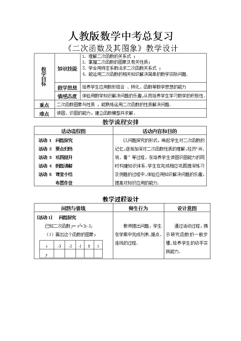 2022年中考数学总复习：二次函数及其图象  (教学设计)第1页