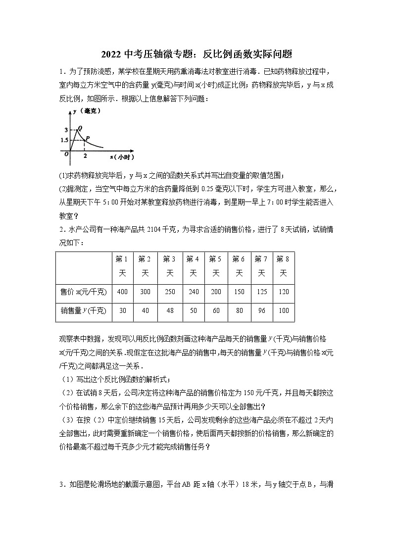 2022年中考压轴微专题：反比例函数实际问题（无答案）第1页