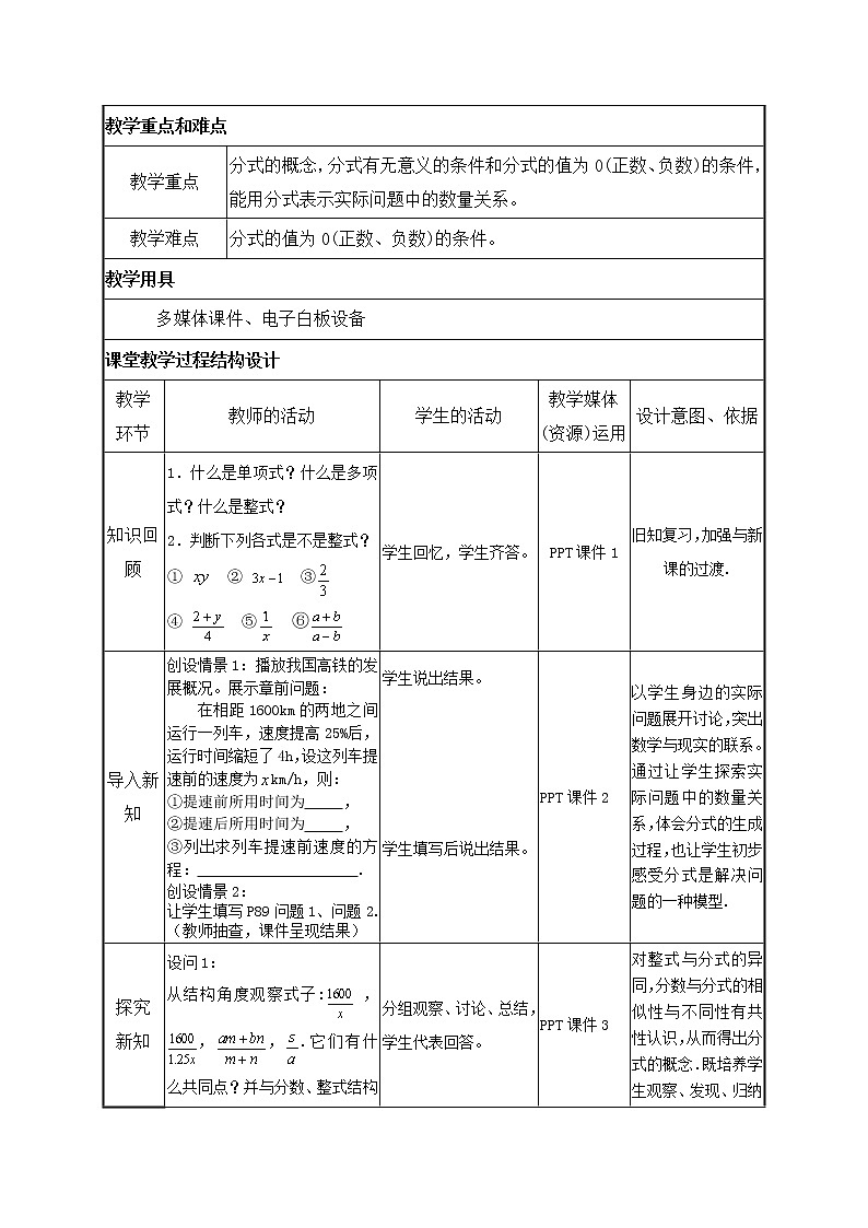 沪科版数学七年级下册 9.1分式及其基本性质（第1课时）》设计 教案第2页