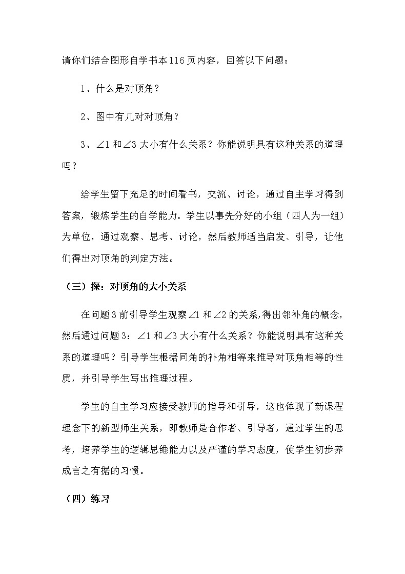 沪科版数学七年级下册 10.1对顶角及其性质(2) 教案第3页