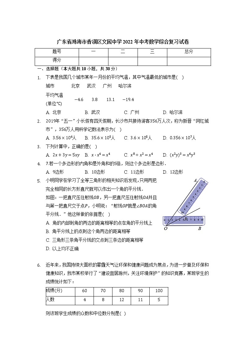 广东省珠海市香洲区文园中学2022年中考数学综合复习试卷第1页