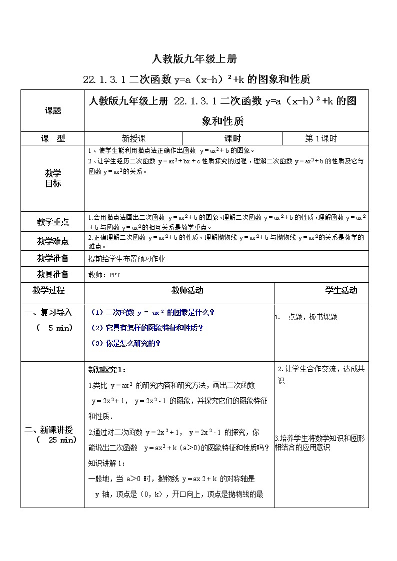 九年级上册 22.1.3.1《二次函数y=a（x-h）²+k的图象和性质》课件+教案+练习01