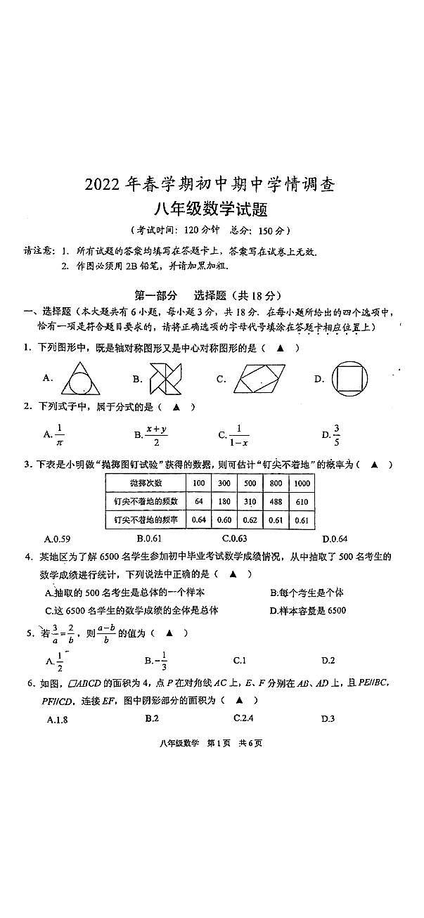 2022年春学期初中八年级数学【期中联考试卷】（无答案）01