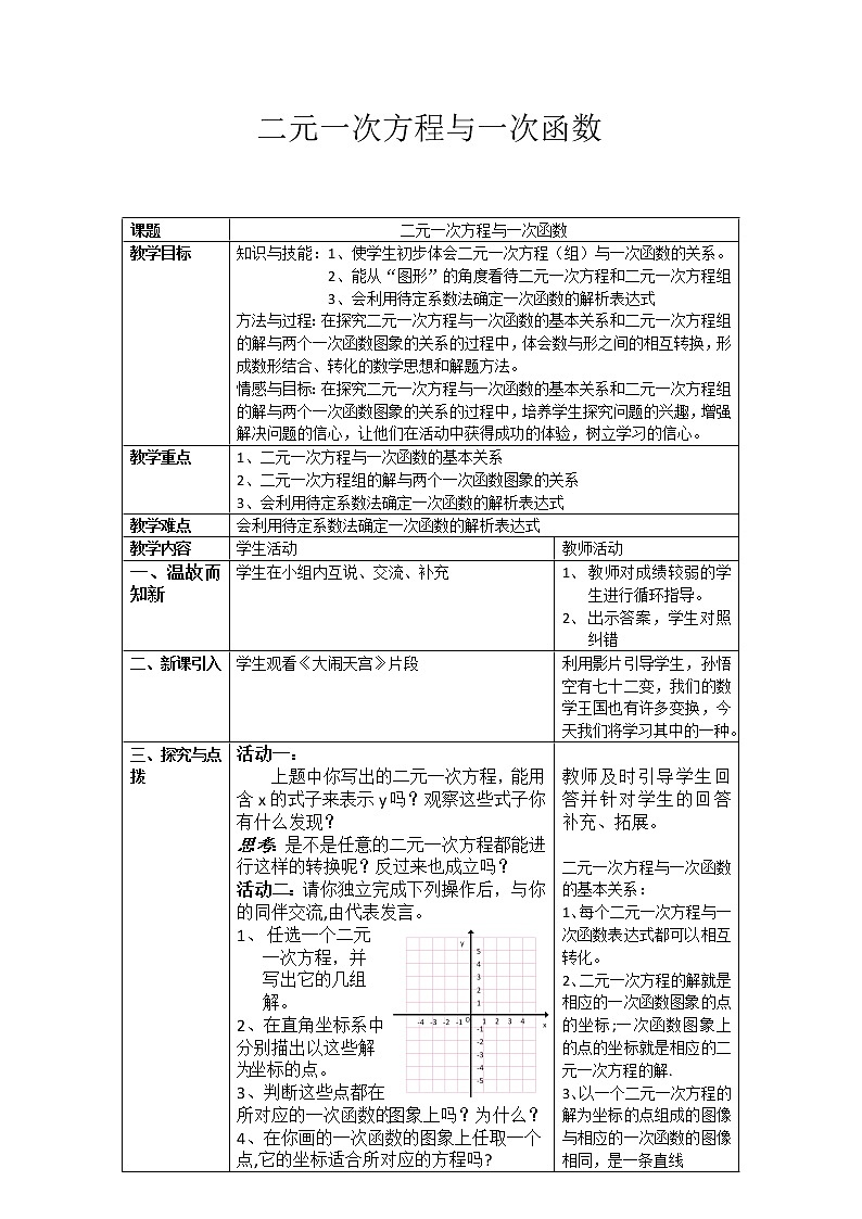 鲁教版（五四制）七年级下册数学 7.4二元一次方程与一次函数 教案01