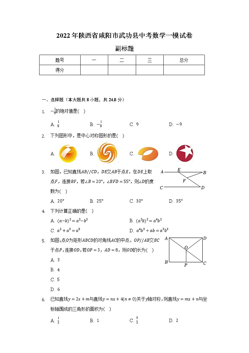 2022年陕西省咸阳市武功县中考数学一模试卷（含解析）01