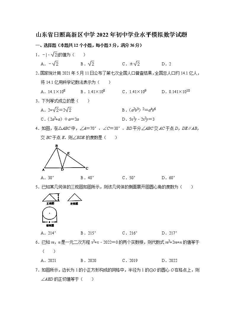 2022年山东省日照高新区中学初中学业水平模拟数学试题(word版无答案)01