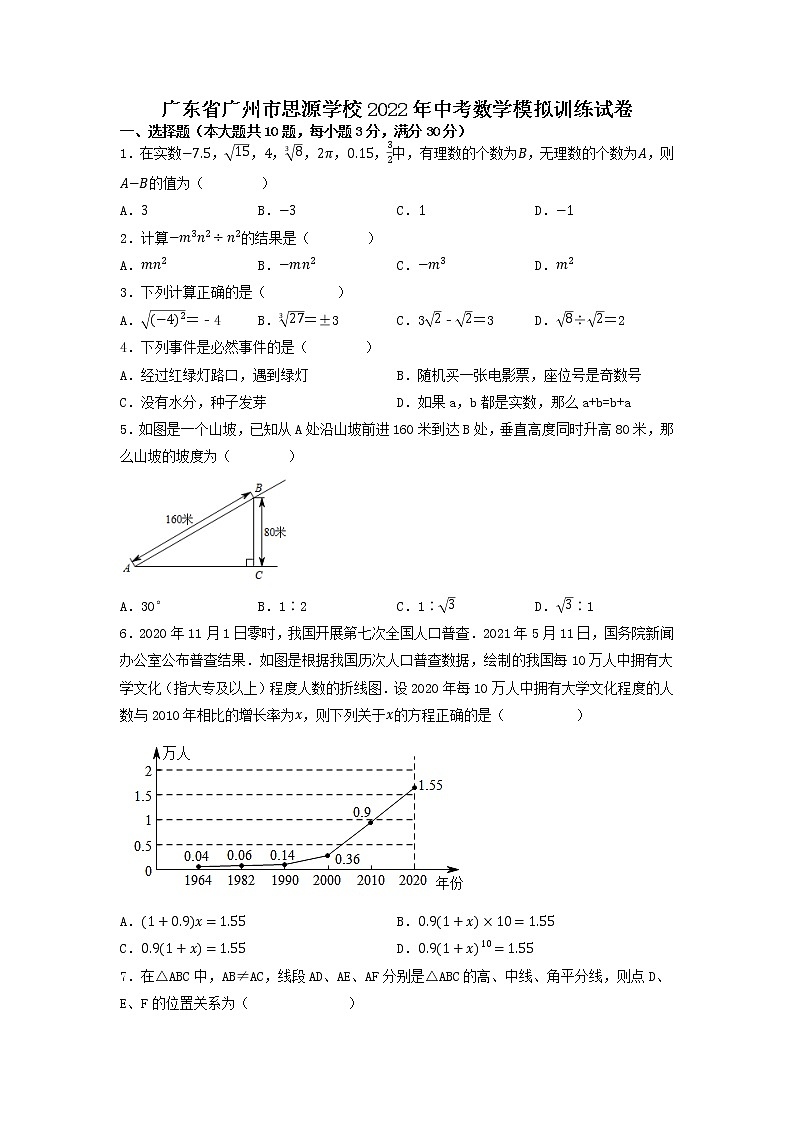 广东省广州市2022年中考数学模拟训练试卷第1页
