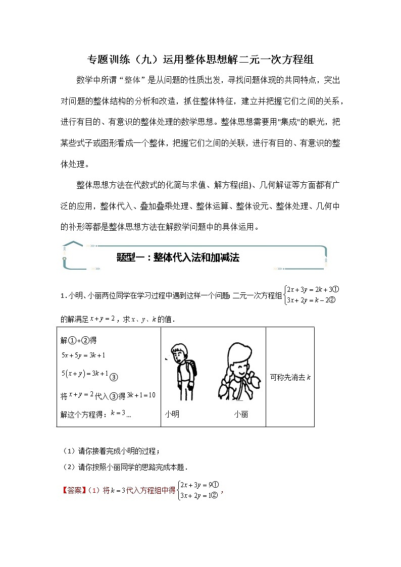 专题09 运用整体思想解二元一次方程组-【专题突破】2021-2022学年七年级数学下学期重难点及章节分类精品讲义(人教版)01