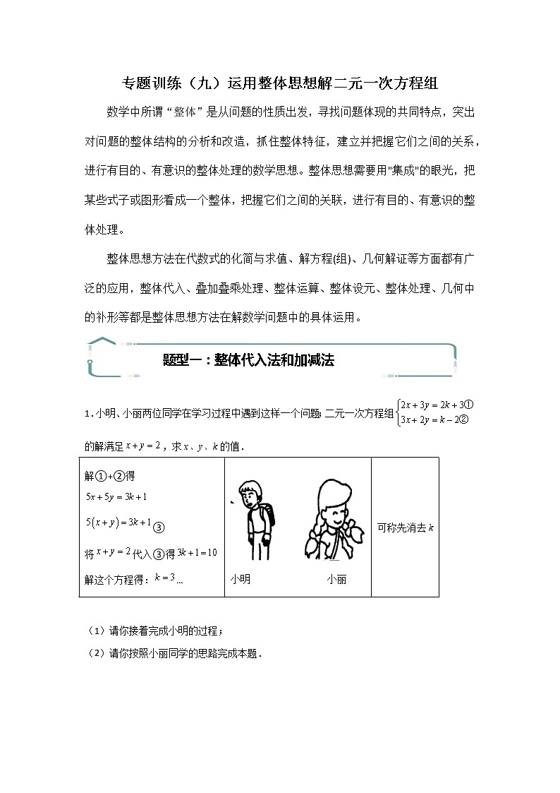 专题09 运用整体思想解二元一次方程组-【专题突破】2021-2022学年七年级数学下学期重难点及章节分类精品讲义(人教版)01