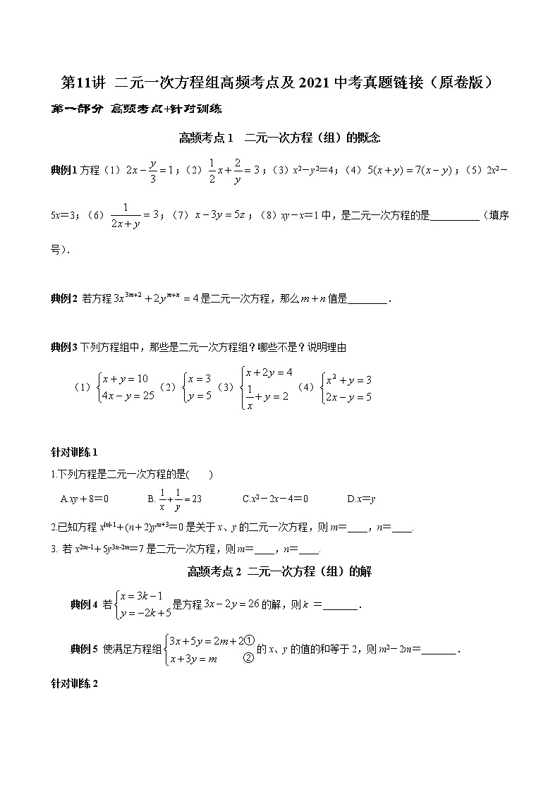 第11讲 二元一次方程组高频考点及2021中考真题链接（原卷版）-2021-2022学年七年级数学下册常考点（数学思想+解题技巧+专项突破+精准提升）第1页