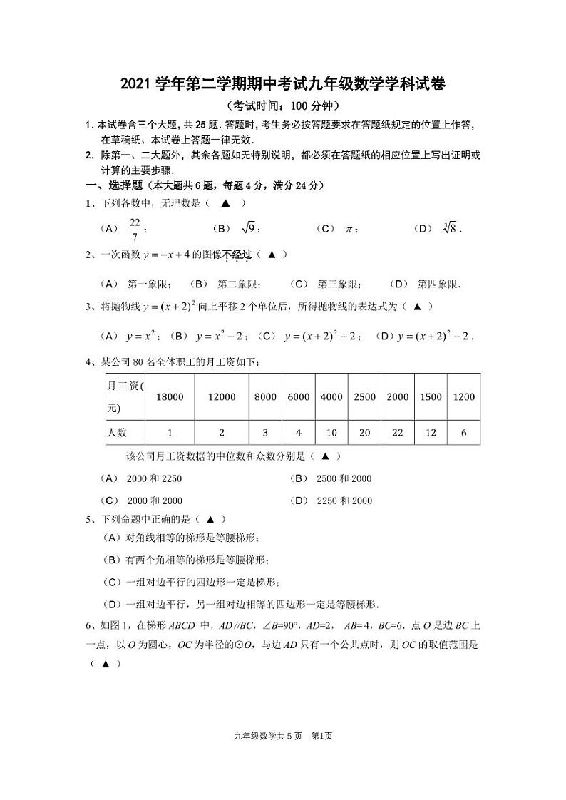 2022年上海徐汇区九年级下学期中检测（中考二模）数学卷 无答案第1页