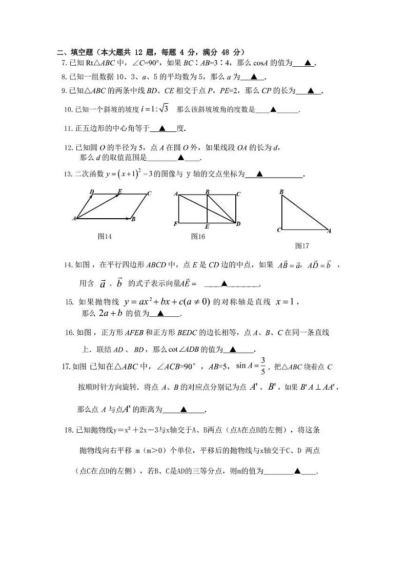 2022年上海杨浦区九年级下学期中检测（中考二模）数学卷无答案02