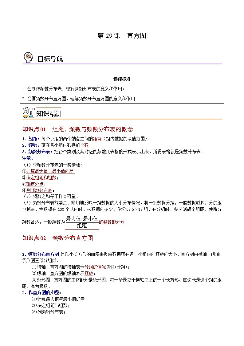 人教版 七年级数学下册同步精品讲义 第29课  直方图 (教师版+学生版）学案01