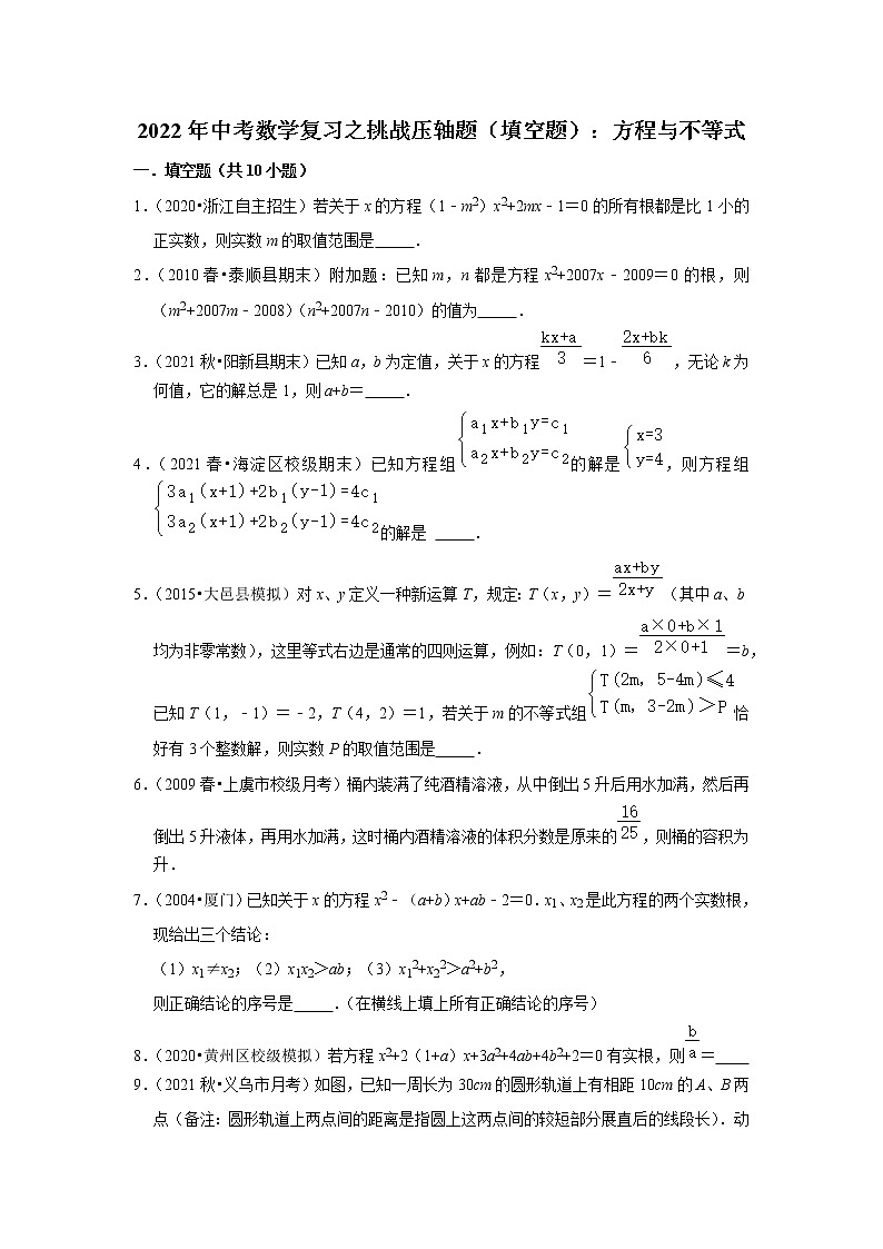 2022年中考数学复习之挑战压轴题（填空题）：方程与不等式（含答案）第1页