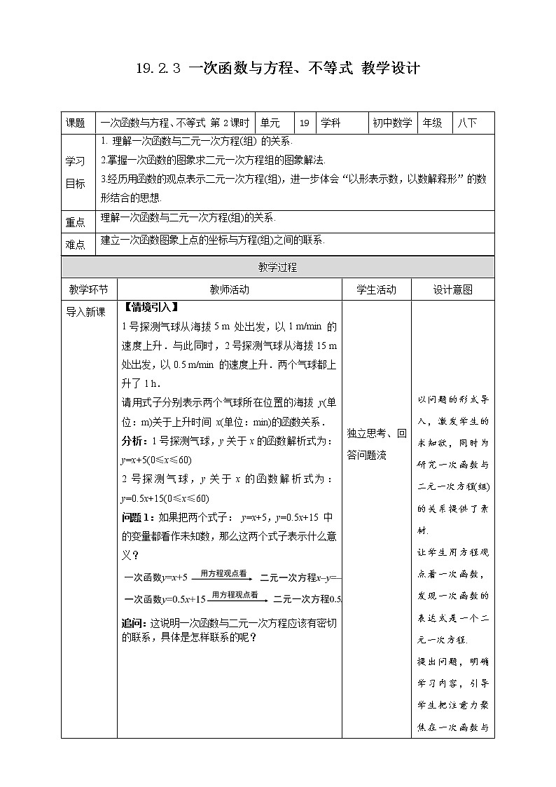 《19.2.3 一次函数与方程、不等式  第2课时》同步教案+课件01