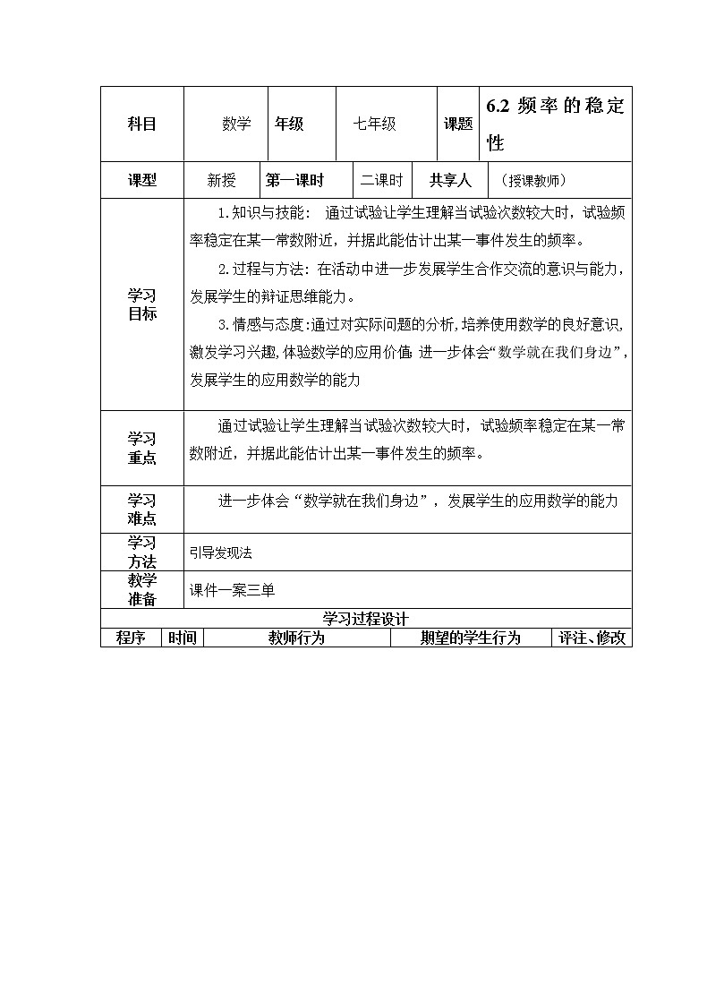 北师大版七下数学 6.2.1非等可能事件频率的稳定性 学案 (无答案) 教案第1页