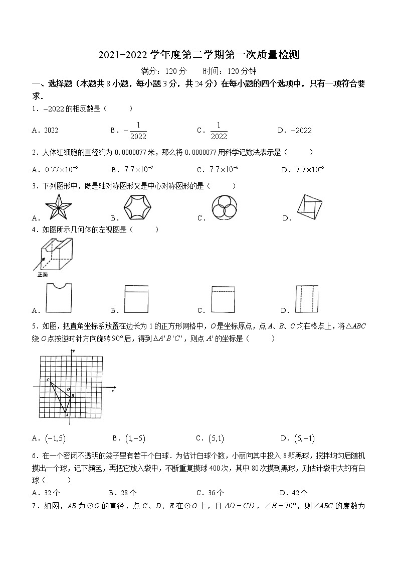 2022年山东省青岛实验初级中学九年级中考数学一模试题第1页