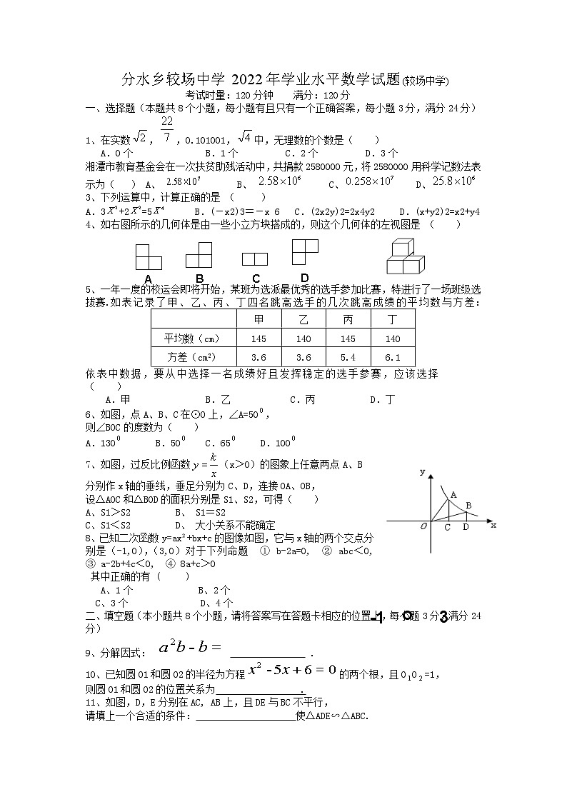 2022年湖南省湘潭县汾水乡较场中学初中学业水平模拟数学试题第1页