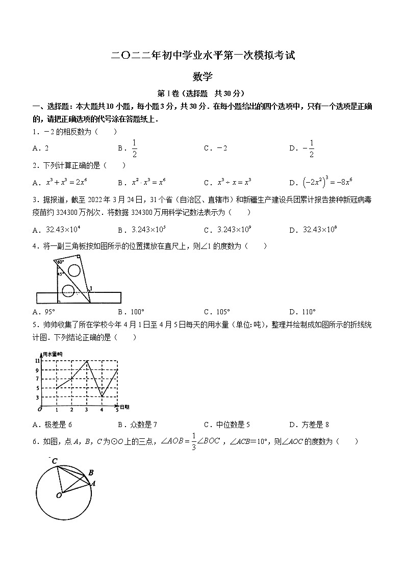 2022年山东省枣庄市市中区初中学业水平第一次模拟考试九年级数学试题01