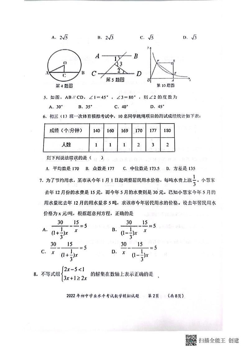 2021-2022山东无棣下学期九年级数学第一次模拟试题（无答案）第2页