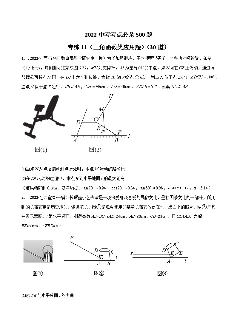 专练11（30题）（三角函数类应用题）2022中考数学考点必杀500题（江西专用）（原卷版）第1页