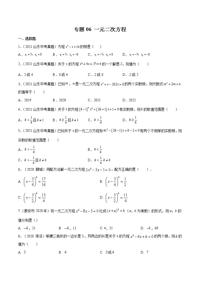 2022届中考数学专题练 专题06 一元二次方程（原卷版）第1页