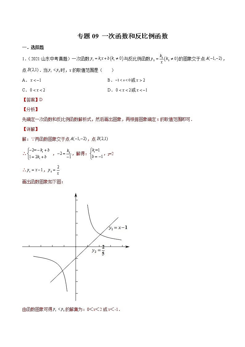 2022届中考数学专题练 专题09 一次函数和反比例函数（解析版）第1页