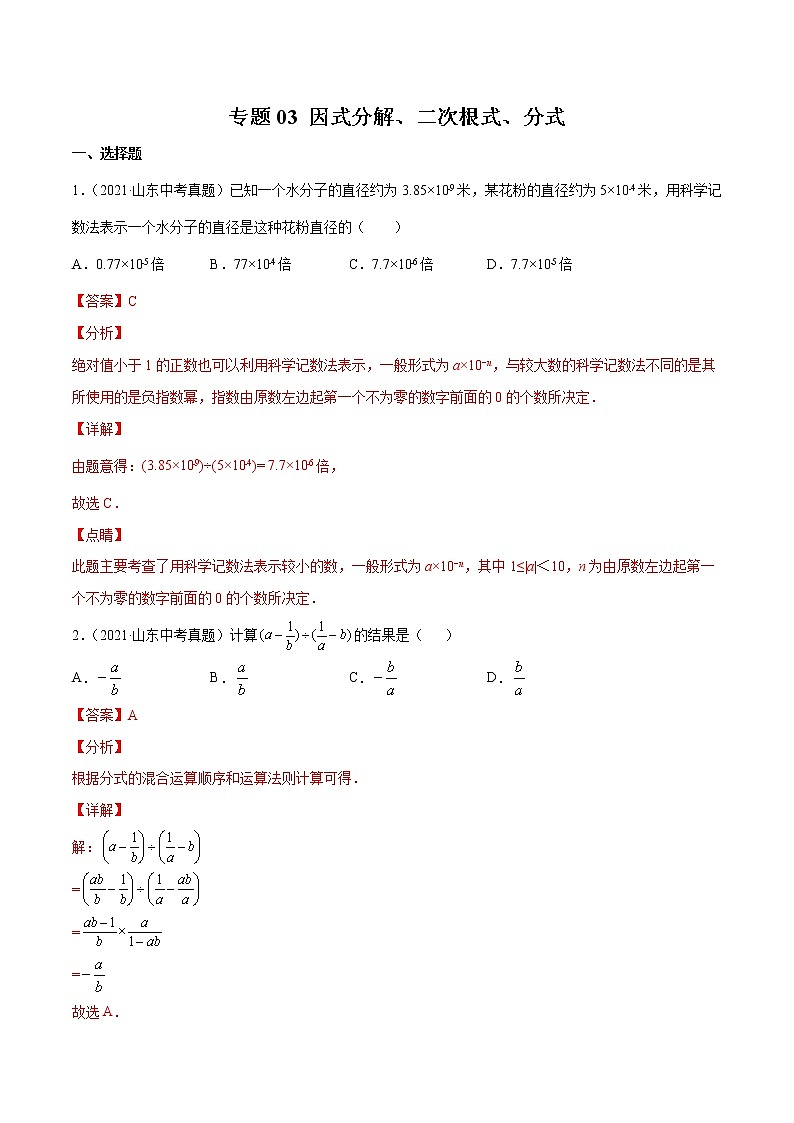 2022届中考数学专题练 专题03 因式分解、二次根式、分式（解析版）第1页