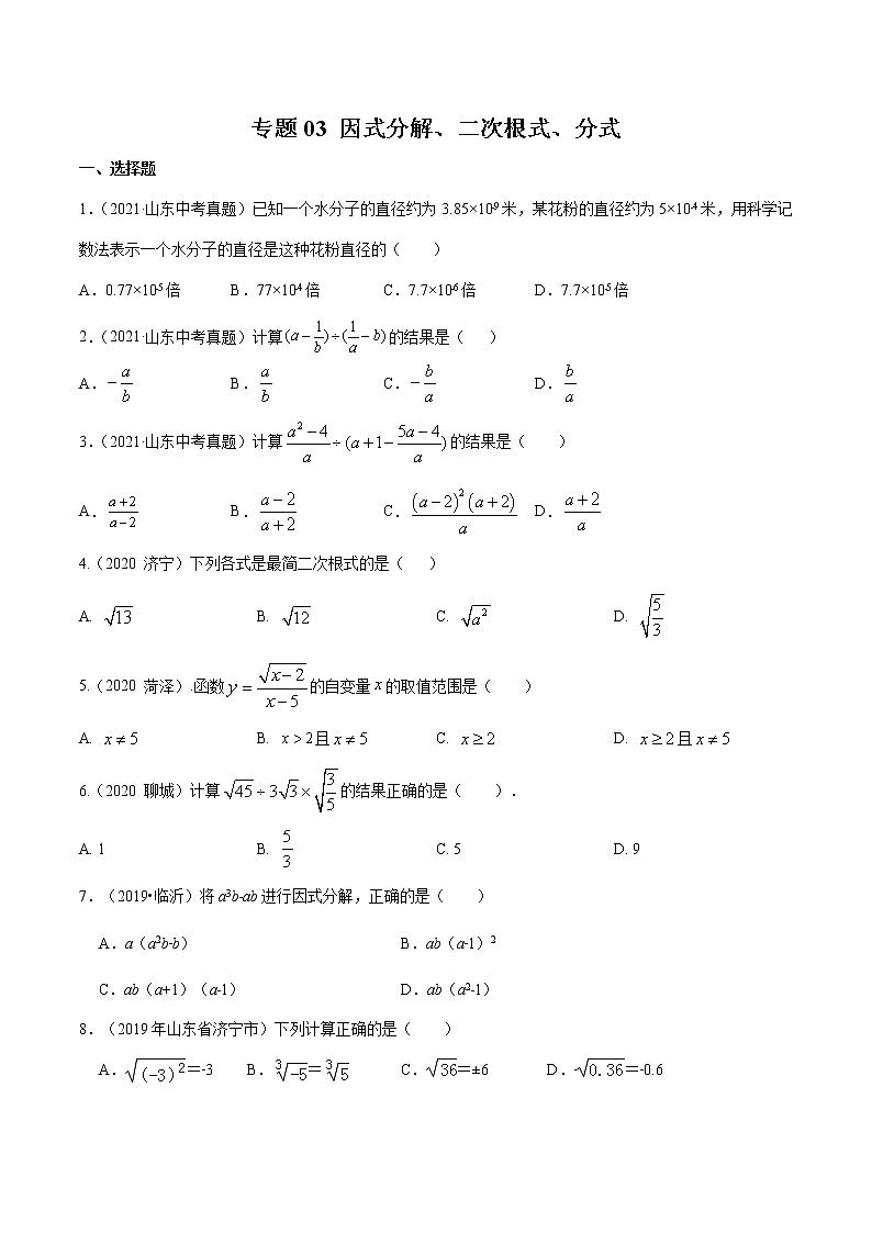 2022届中考数学专题练 专题03 因式分解、二次根式、分式（原卷版）第1页